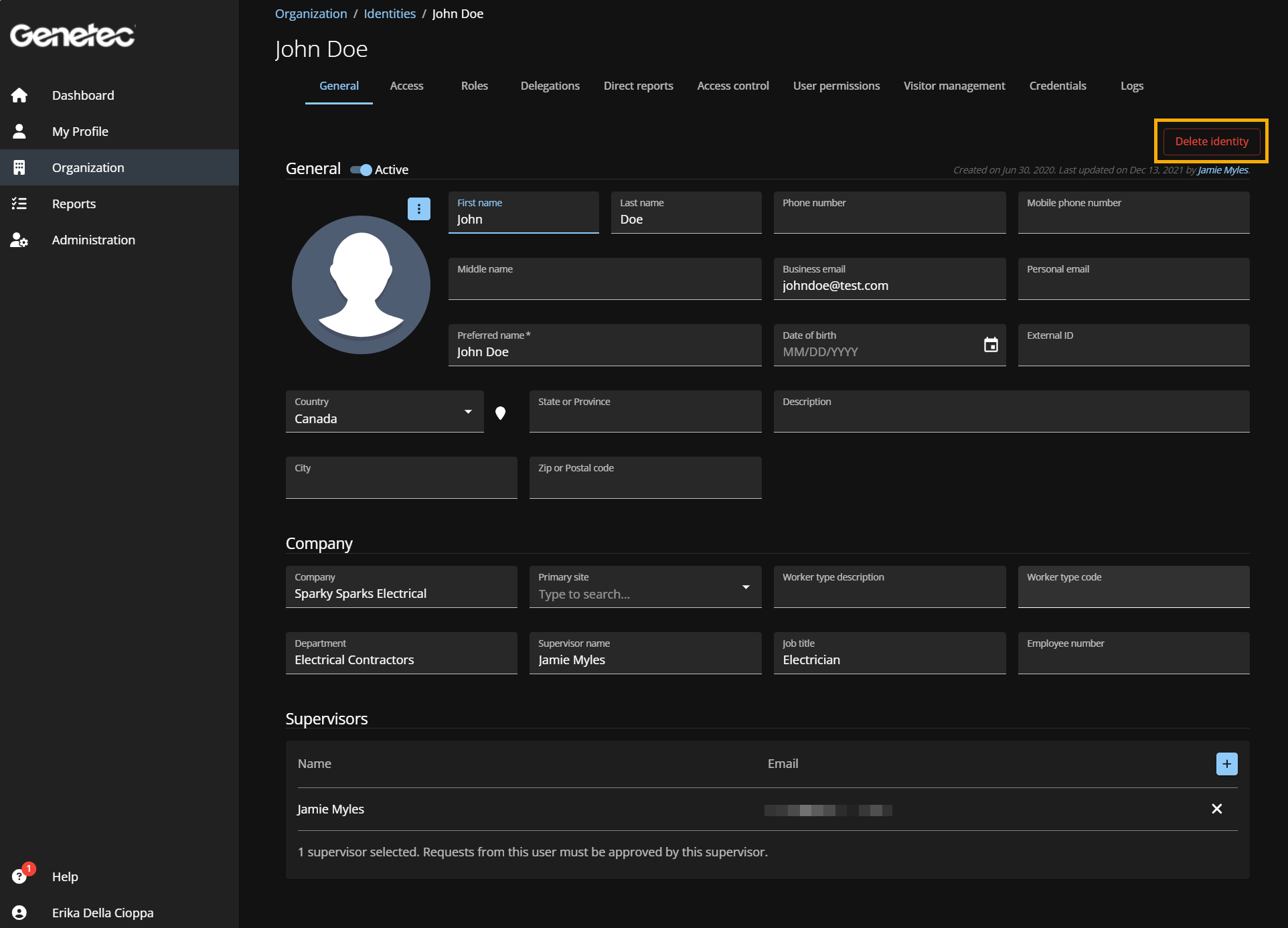 Identities page in Genetec ClearID™ showing the General setting page for an identity.