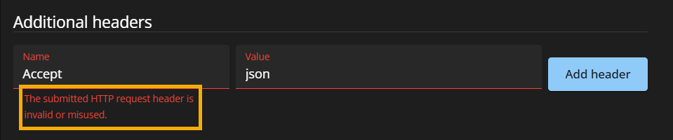 Additional headers section of the Webhooks details page in ClearID with an invalid header message highlighted.