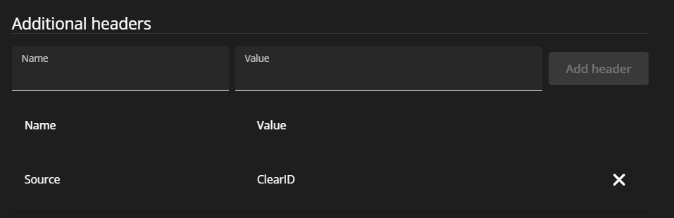 Additional headers section of the Webhook details page in ClearID showing an example additional header Name and Value.