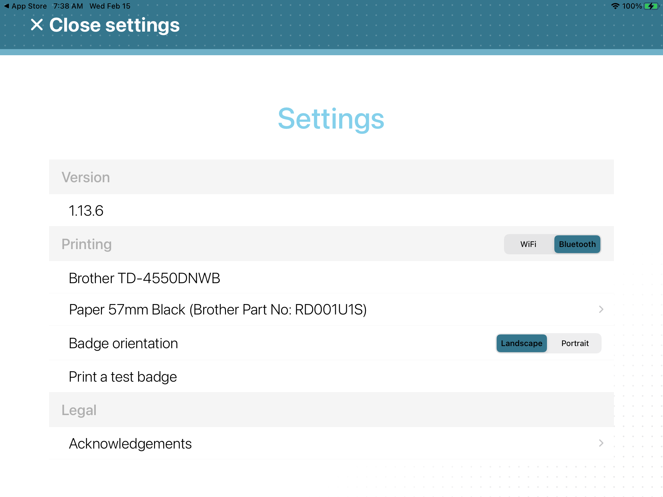 Settings page in the ClearID Self-Service Kiosk mobile app with the Bluetooth option selected and showing a printer paired with the device.