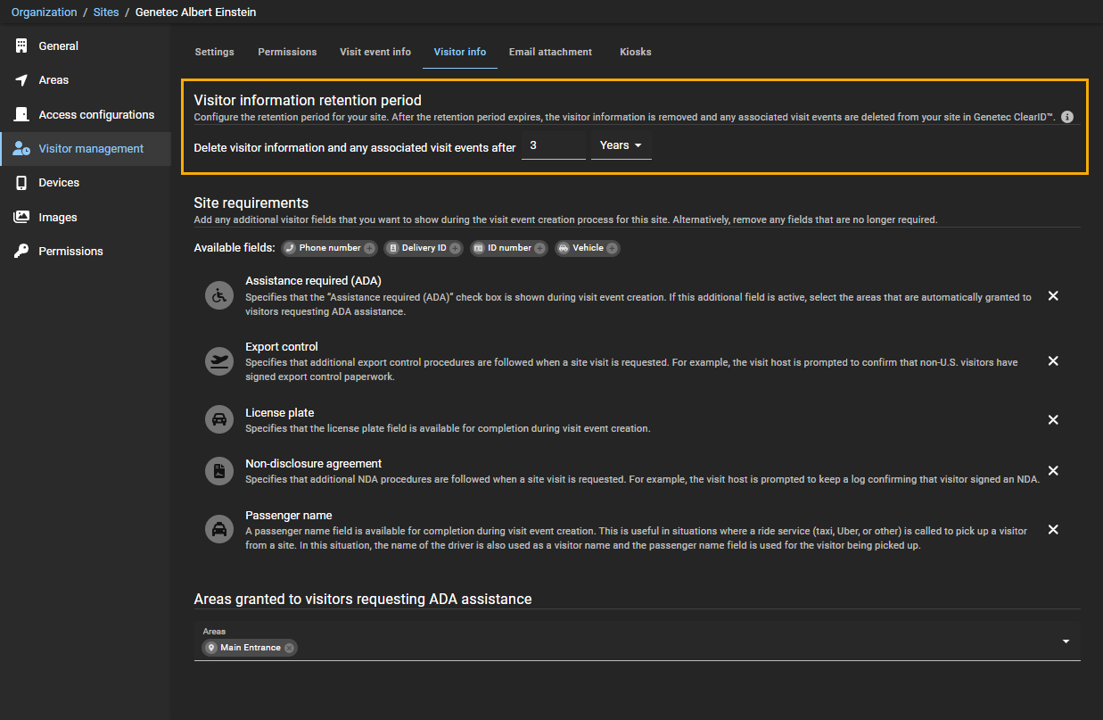 Visitor management for sites page in ClearID showing the Visit info tab including site requirements and areas granted to visitors requesting ADA assistance settings.