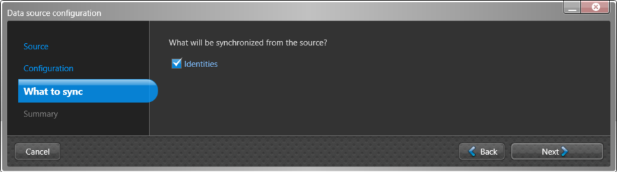Data source configuration dialog in the ClearID One Identity Synchronization Tool showing What to sync page with the data synchronization checkbox selected.