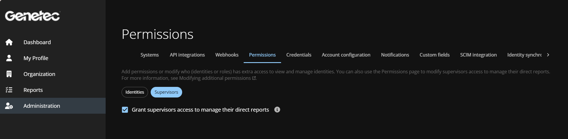 Permissions page in ClearID showing the Supervisors tab. The Supervisors access for managing direct reports checkbox is selected.