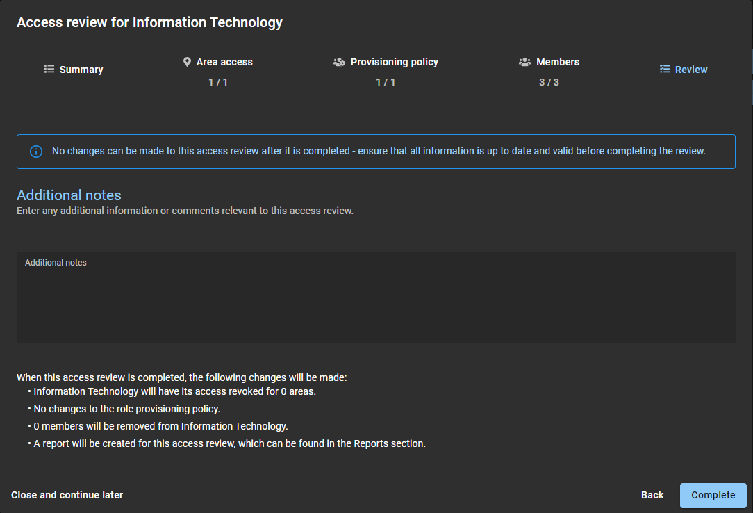 Review section of a role access review in ClearID.