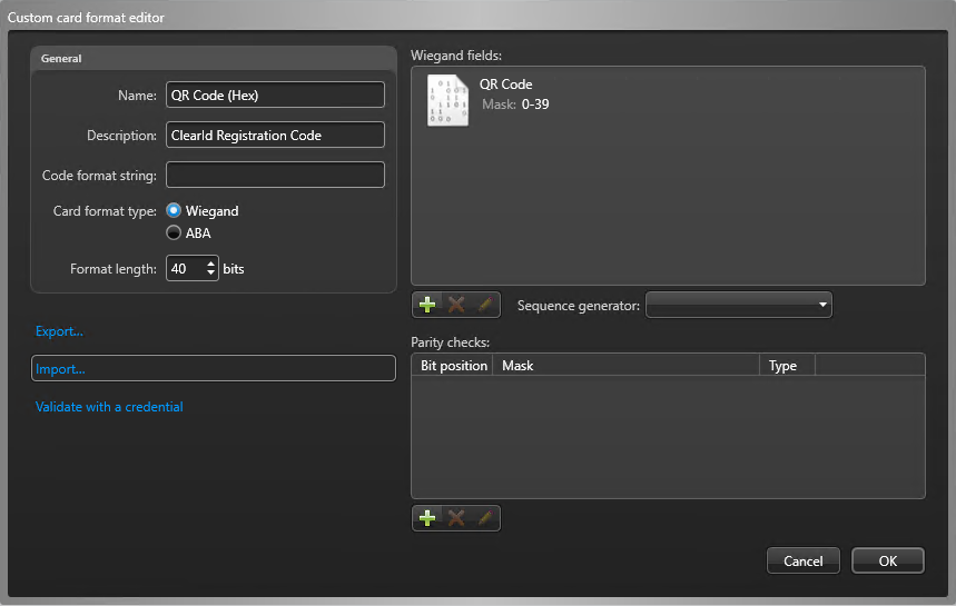 Custom card format editor dialog in Config Tool showing the custom card format settings with the QR Code custom format selected.