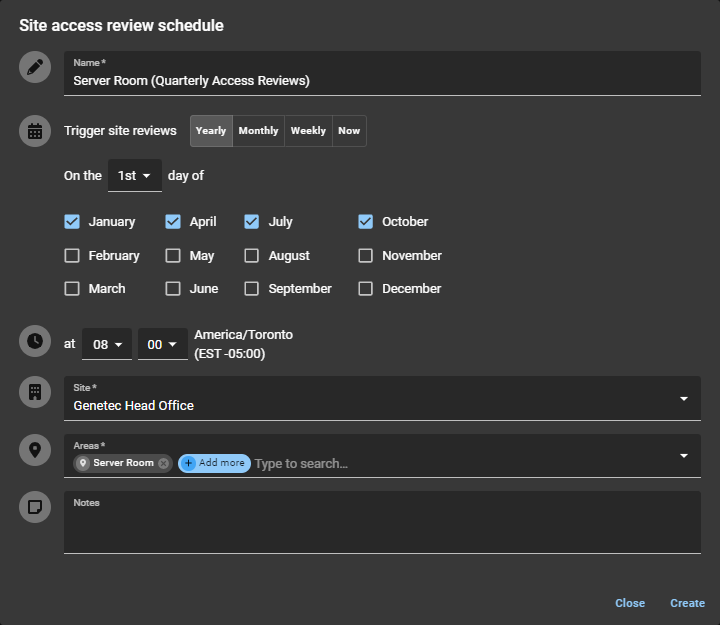 Site access review schedule dialog in ClearID showing server room yearly schedule example.