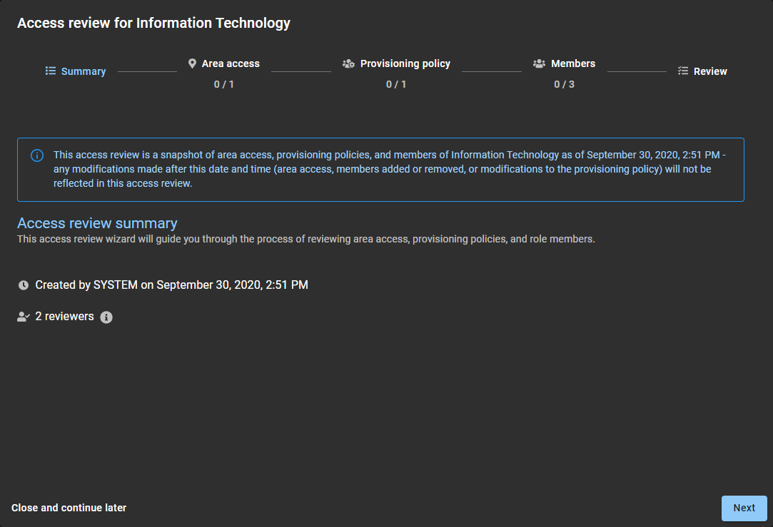 Summary section of a role access review in ClearID.