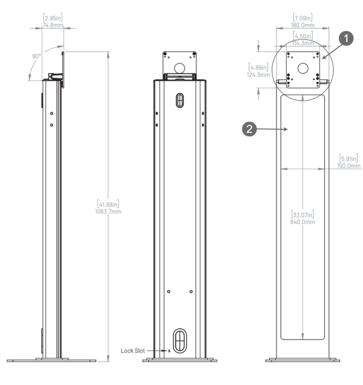 Diagram of the ClearID Self-Service Kiosk floor stand showing the height and footprint dimensions.