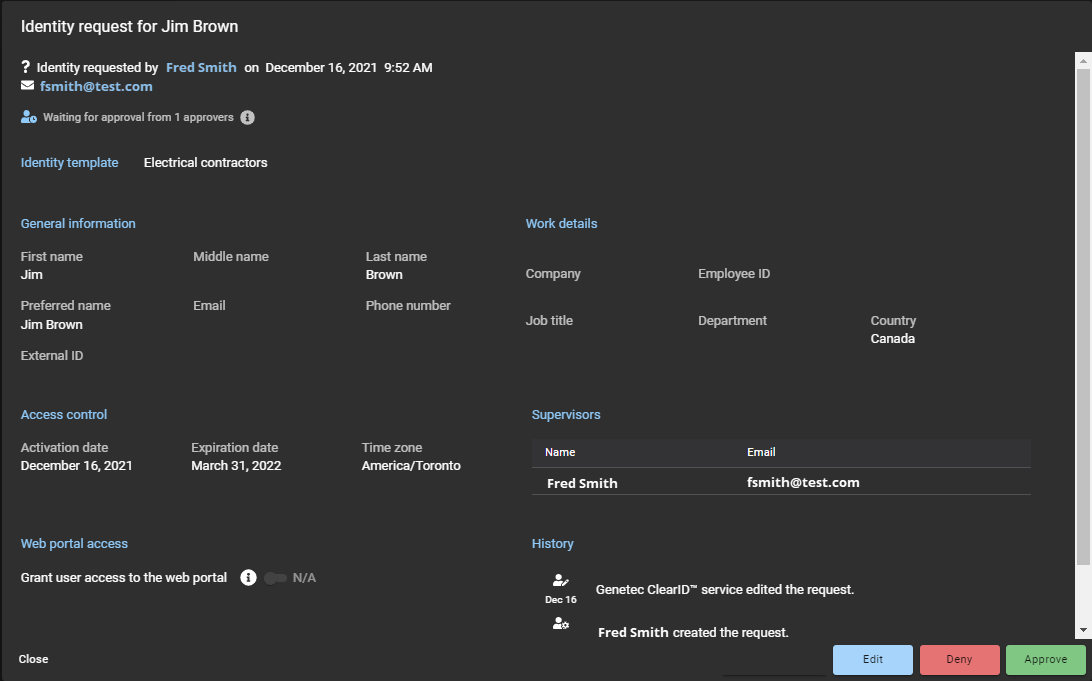 Identity request in Genetec ClearID™ showing individual identity request details including Edit, Deny, or Approve buttons.