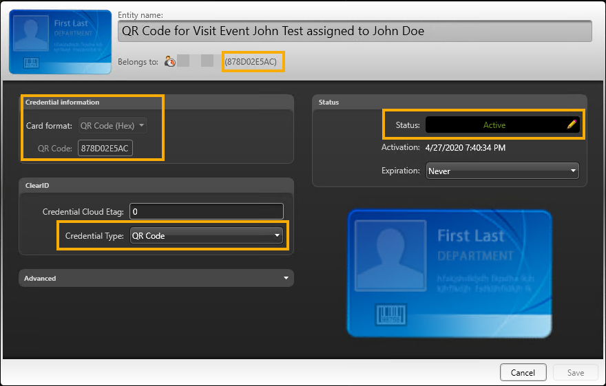 Credential information in Security Desk with Card format, Credential Type, and status highlighted.