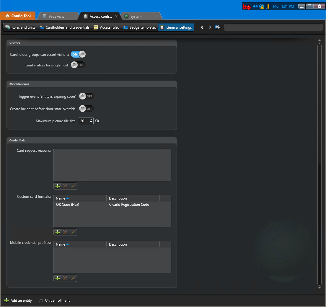 General settings page in the Access control task in Config Tool showing the credentials settings with the QR Code custom card format selected.
