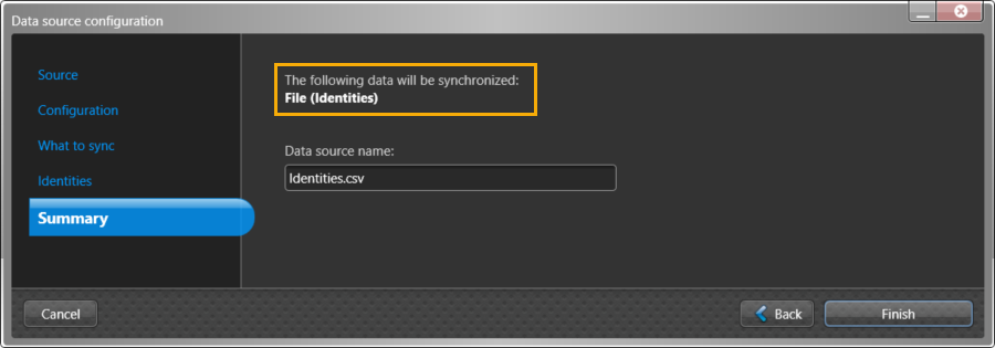 Data source configuration dialog in the ClearID One Identity Synchronization Tool showing the summary page information.