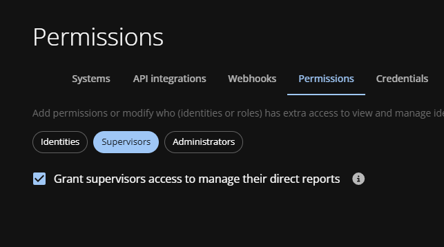 Permissions page in ClearID showing the Supervisors tab. The Supervisors access for managing direct reports checkbox is selected.