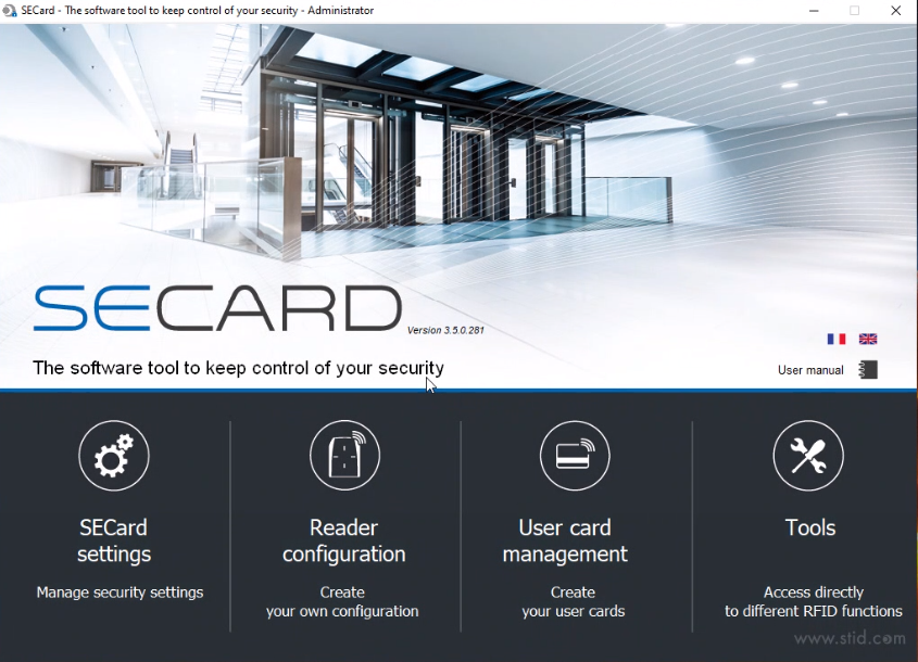 Administrator page of the SECard software tool including SECard settings, reader configuration, user card management, and tools.