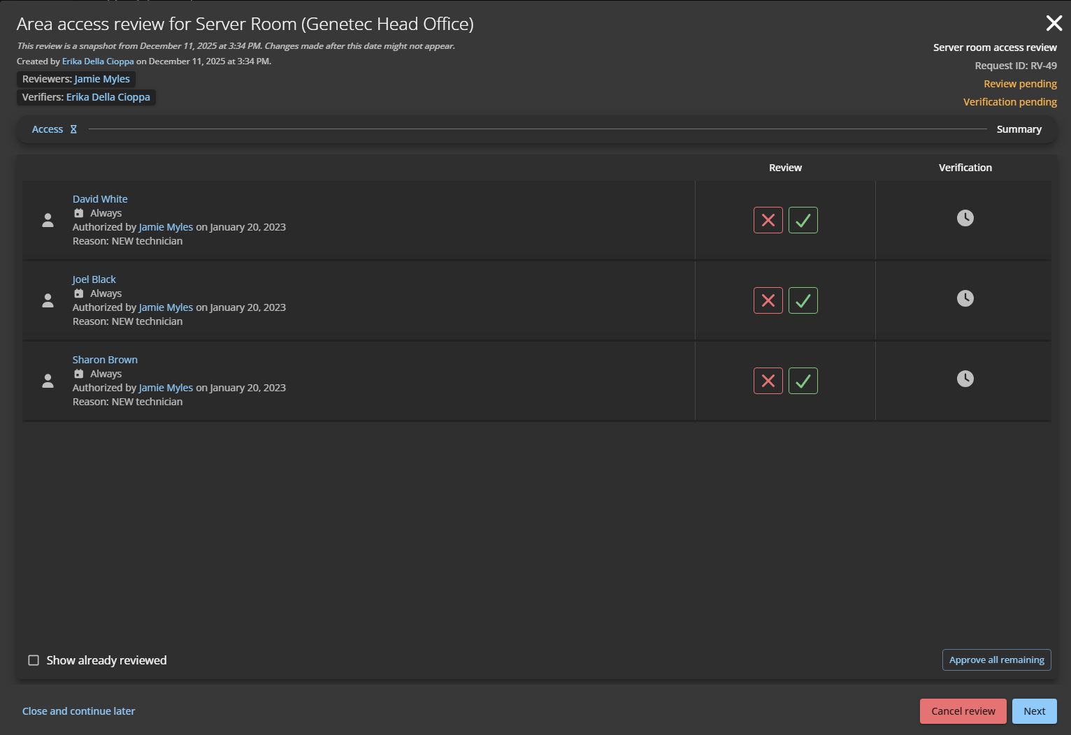 Access section of an area access review in ClearID.
