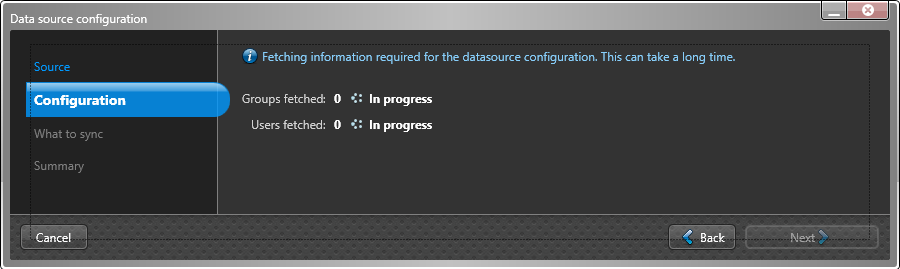 Data source configuration dialog in the ClearID One Identity Synchronization Tool showing data source configuration information for Groups and Users being fetched.