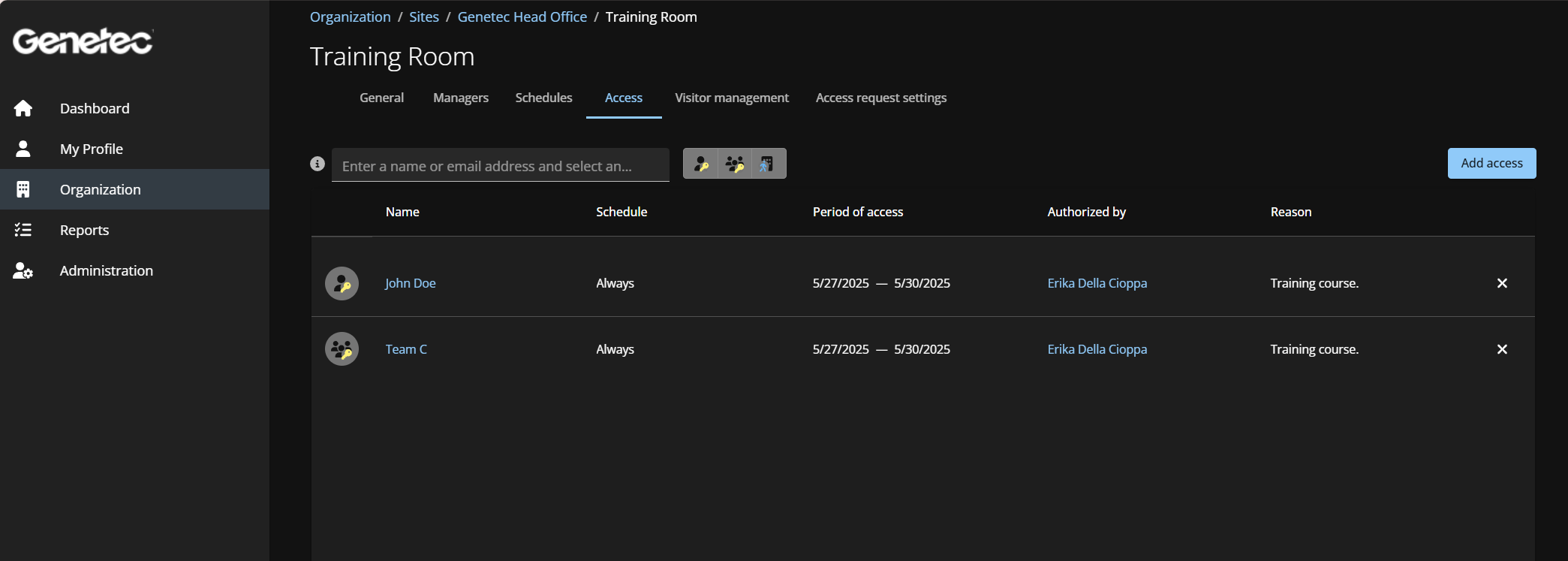 Area page in ClearID with the access section selected and showing a list of users who have access to the area.