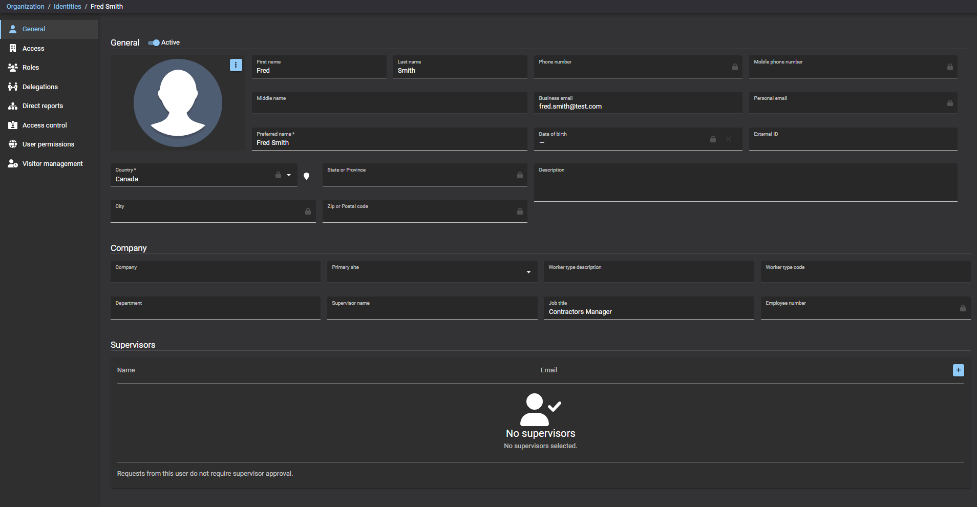 identities page in Genetec ClearID™ showing General identity information.