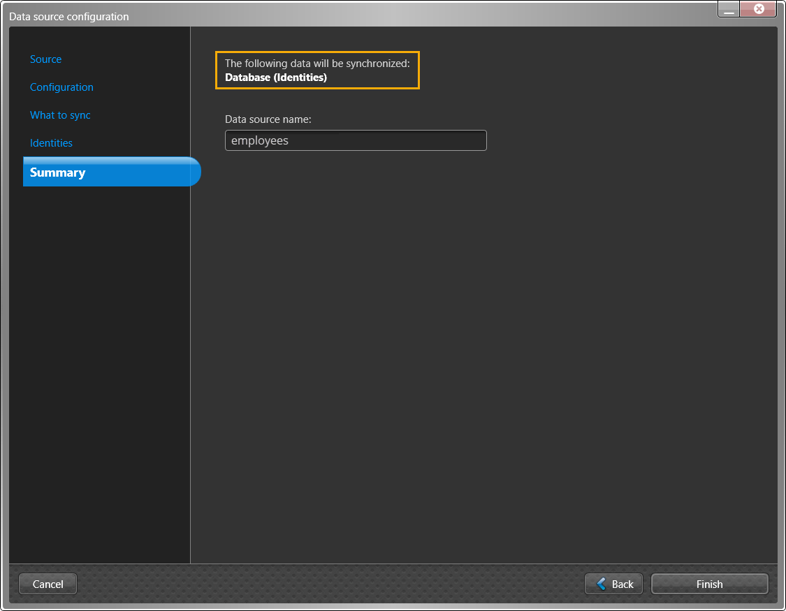 Data source configuration dialog in the ClearID One Identity Synchronization Tool showing the Roles page including One Identity fields. external fields, sample values, and global key settings.