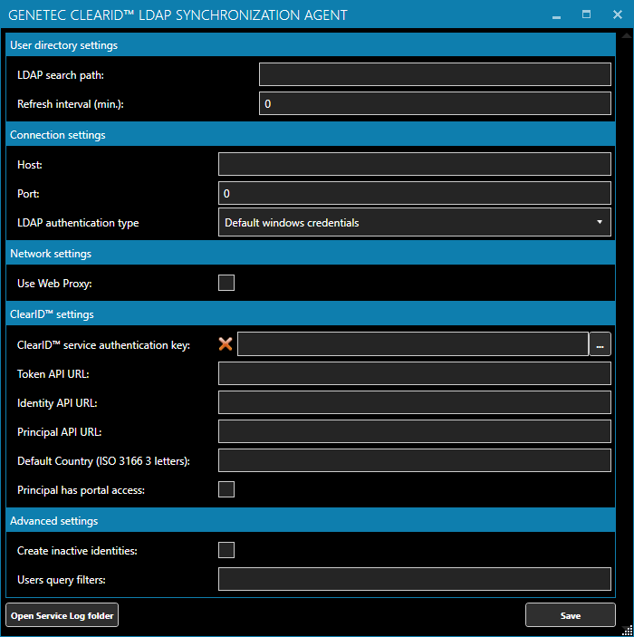 ClearID LDAP Synchronization Agent showing configuration settings.