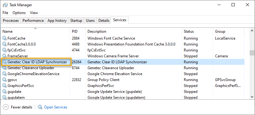 Services tab in the Windows Task Manager with Genetec ClearID LDAP Synchronizer Service highlighted.