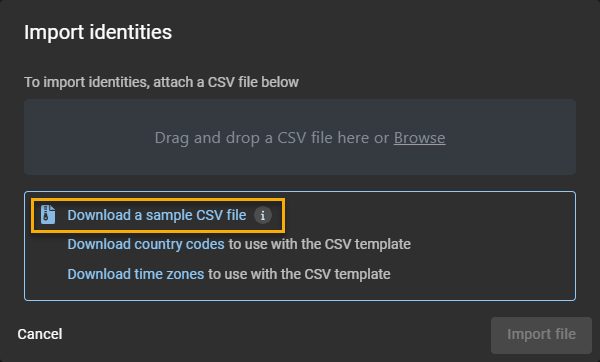 import identities dialog in ClearID with the Download a sample CSV file option highlighted.