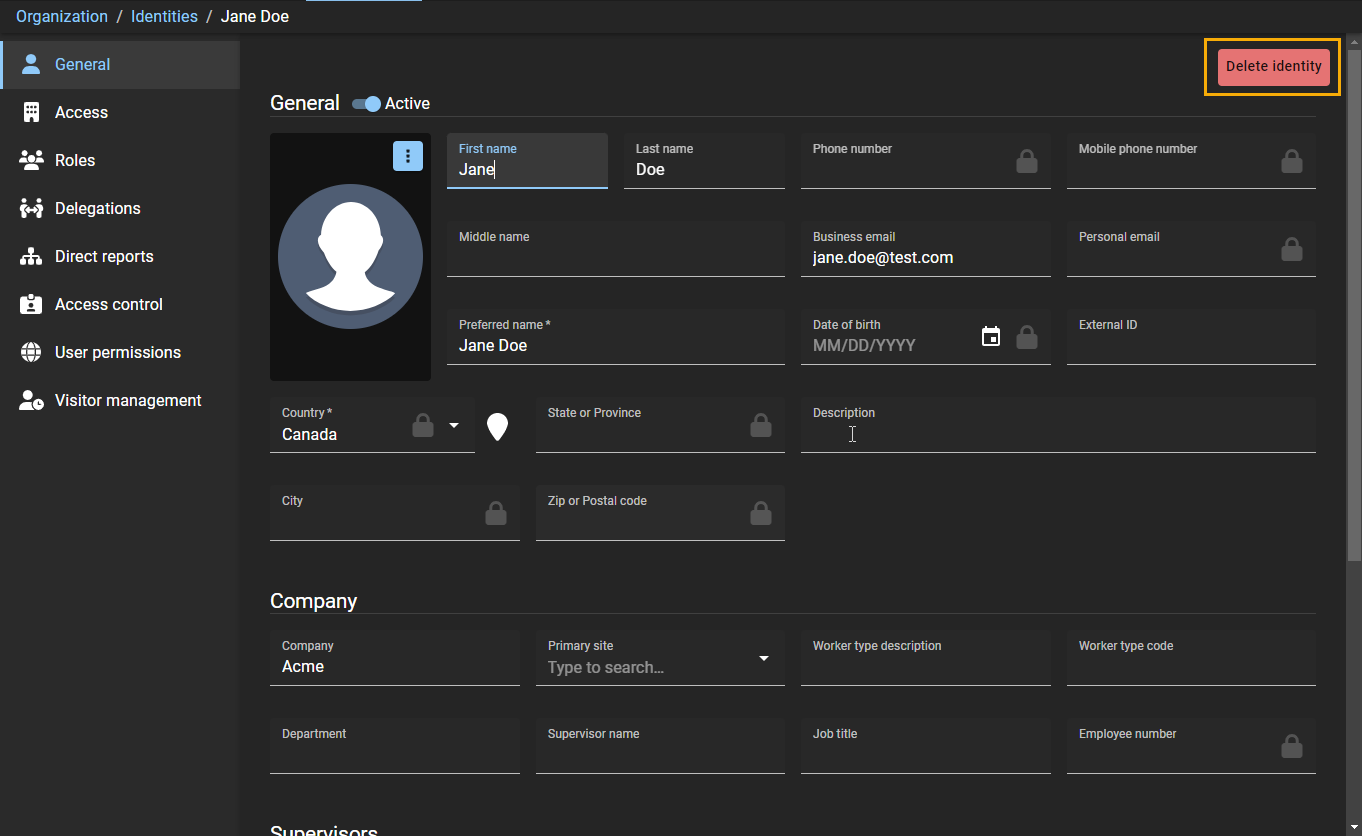 Identities page in Genetec ClearID™ showing the General setting page for an identity.