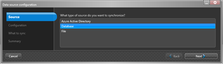 Data source configuration dialog in the ClearID One Identity Synchronization Tool showing Source settings page with Database selected.