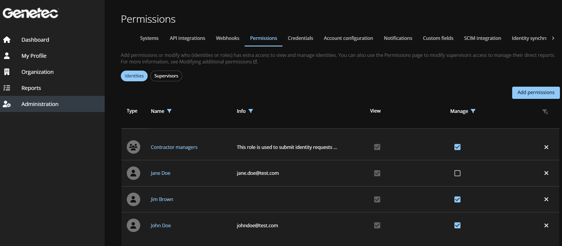 Permissions page in Genetec ClearID™ showing a role and several identities with extra View and Manage Permissions.