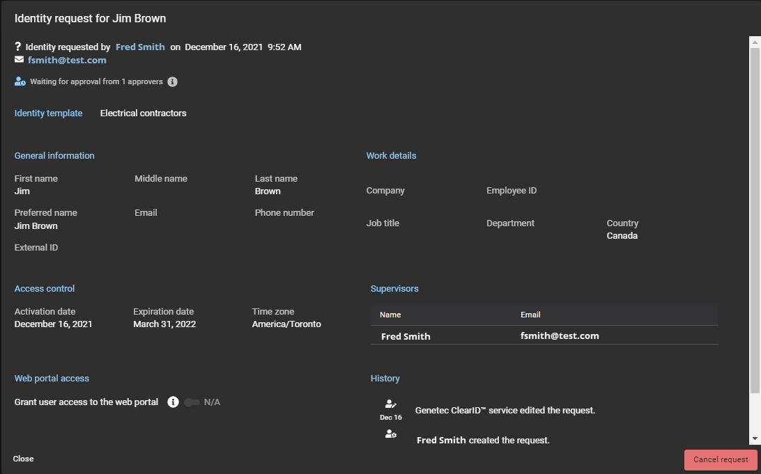Identity request in Genetec ClearID™ showing individual identity request details including Cancel request button.