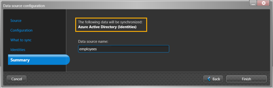Data source configuration dialog in the ClearID One Identity Synchronization Tool showing the Roles page including One Identity fields. external fields, sample values, and global key settings.