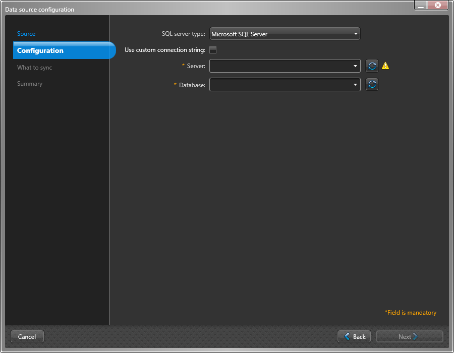 Data source configuration dialog in the ClearID One Identity Synchronization Tool showing Configuration settings page with Microsoft SQL server currently selected.