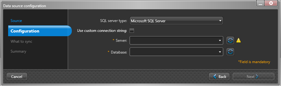 Data source configuration dialog in the ClearID One Identity Synchronization Tool showing Configuration settings page with Microsoft SQL server currently selected.