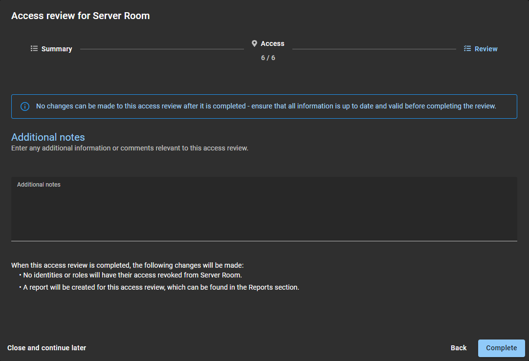 Review section of an area access review in ClearID.