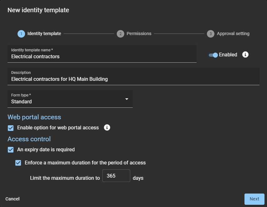 Identity templates wizard in ClearID showing completed Identity template settings.