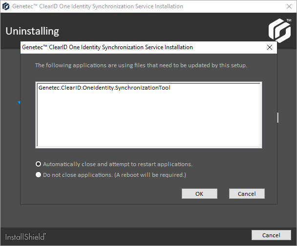 ClearID One Identity Synchronization Tool installation dialog showing the files that need to be updated for the uninstall.