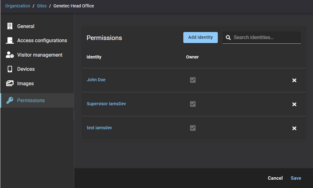 Site permissions page in ClearID showing identity and owner information.