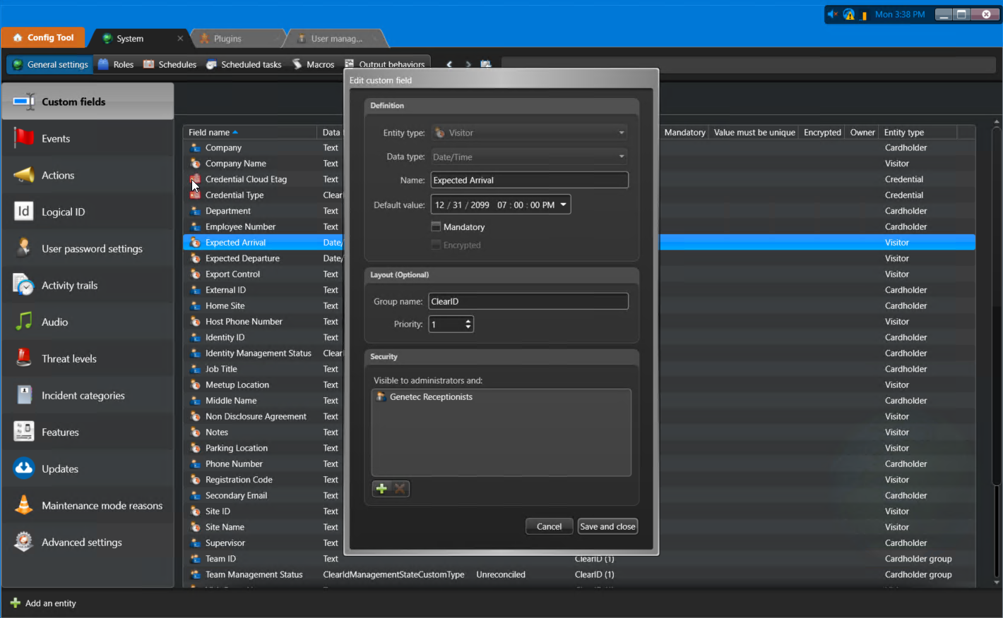 System task in Config Tool showing the Custom fields page with the Edit custom field dialog open.