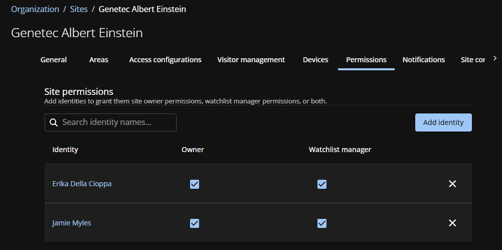 Site permissions page in ClearID showing identity and owner information.