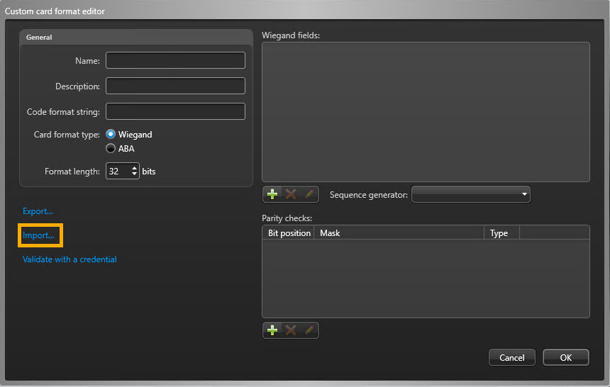 Custom card format editor dialog in Config Tool showing the default custom card format settings.
