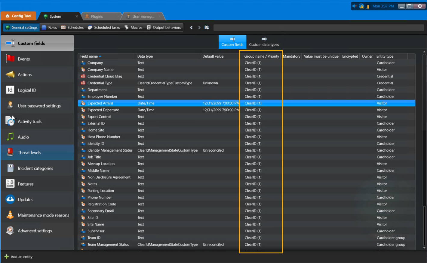 System task in Config Tool showing the Custom fields page.