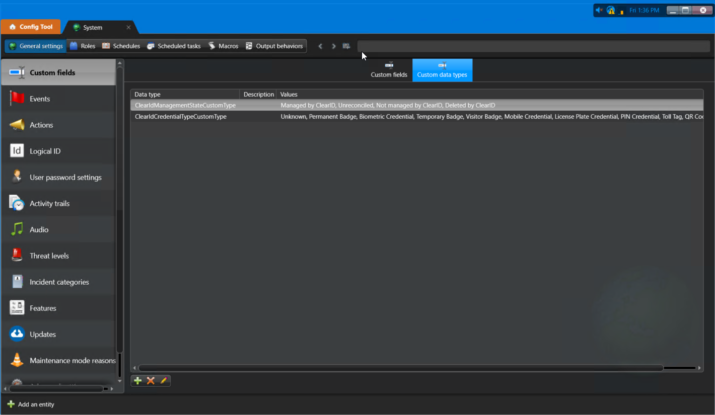 System task in Config Tool showing the Custom data types page.