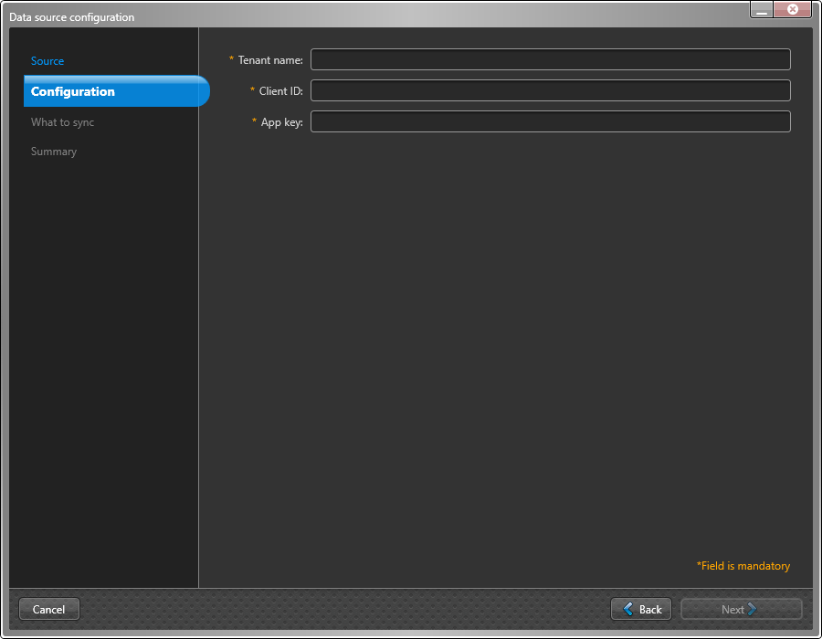 Data source configuration dialog in the ClearID One Identity Synchronization Tool showing configuration information including Tenant name, Client ID, and App key.