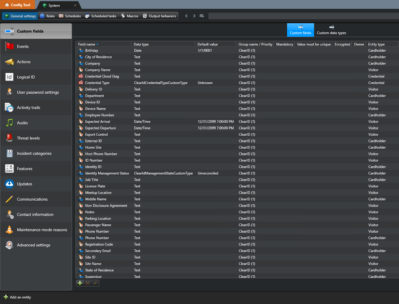 System task in Config Tool showing the Custom fields page.