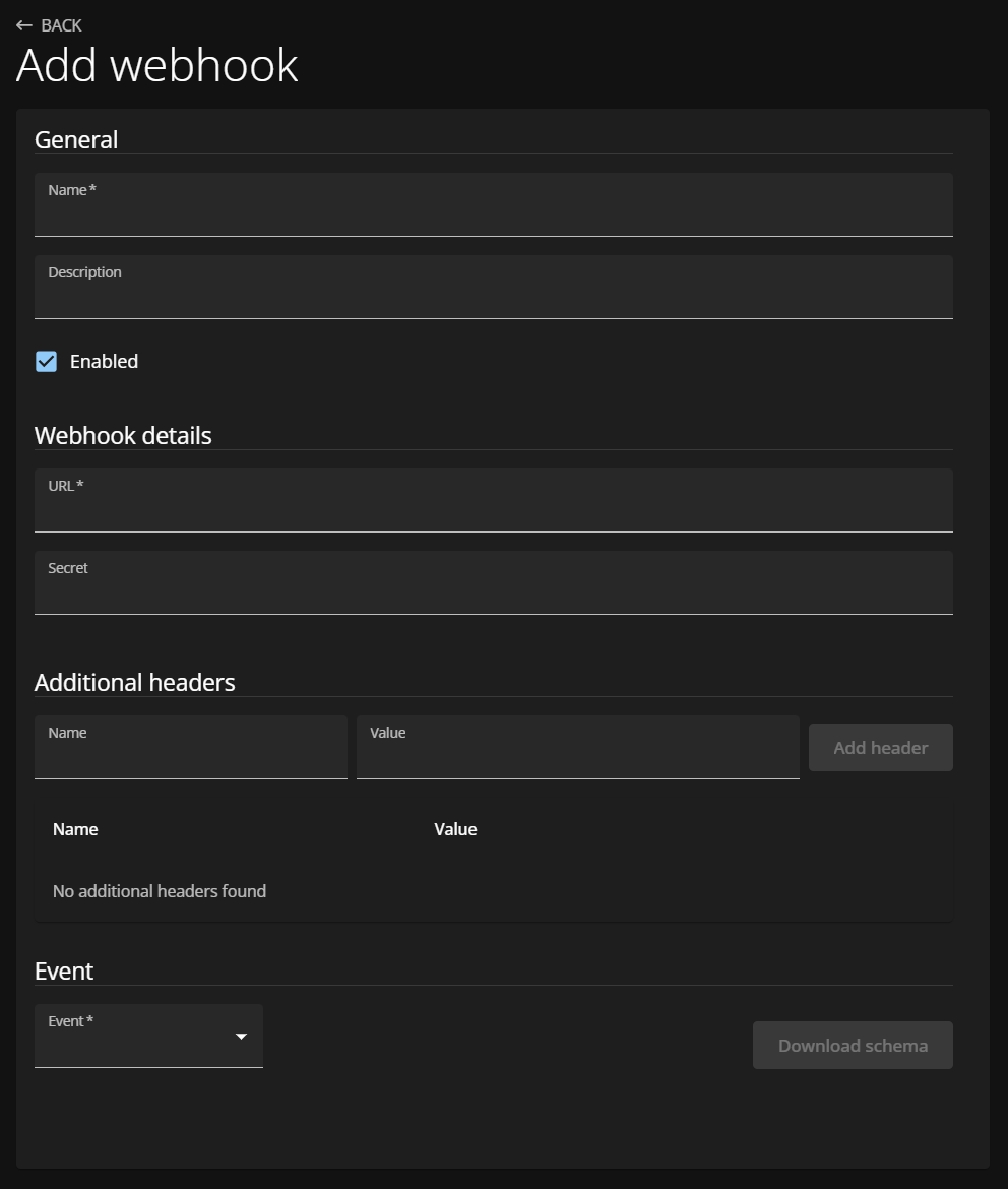 Webhook details page in ClearID showing Webhook details section, Additional headers section, and Event section.