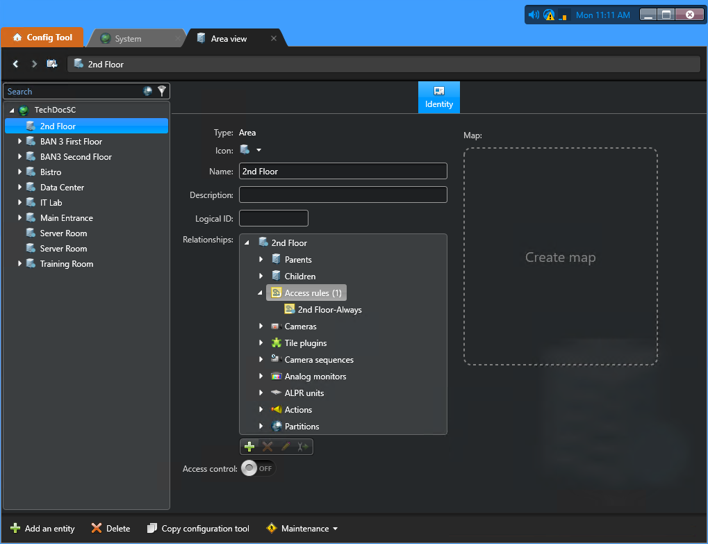 Area view in Config Tool showing one nested area relationship.