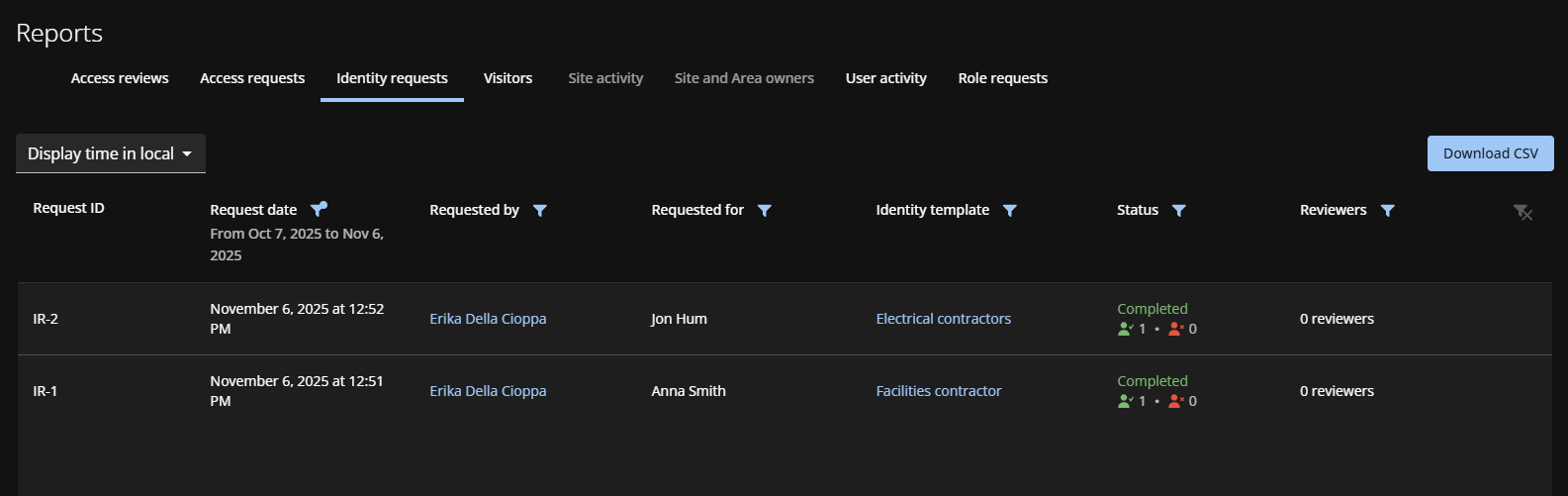 Identity requests report in Genetec ClearID™.
