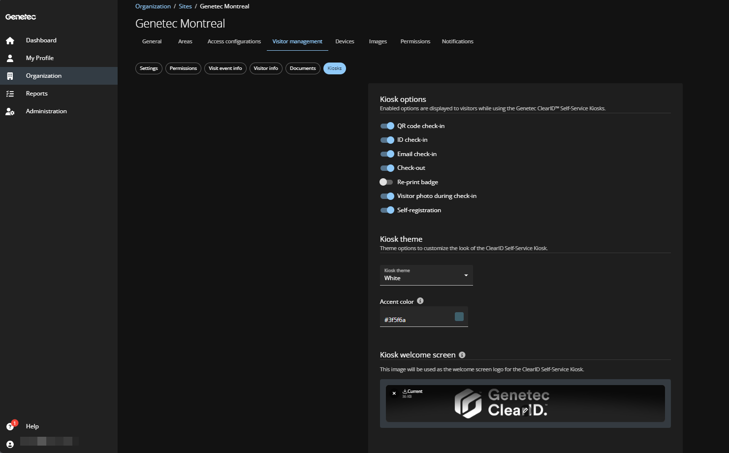 A site page in ClearID showing the visitor management tab kiosk customization options.