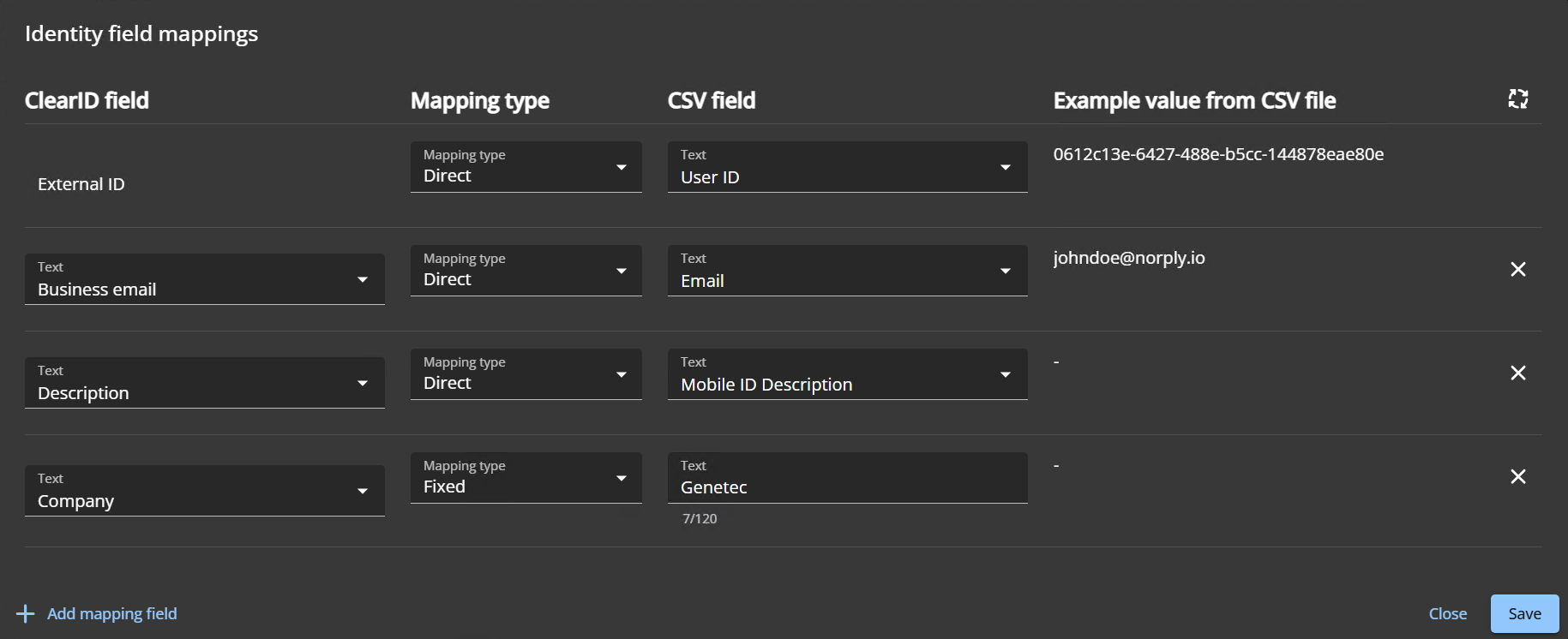 he Identity field mappings dialog in the ClearID portal with mapping fields added.