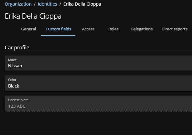 Custom fields section showing car profile details for an identity in ClearID.